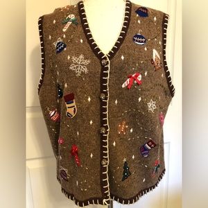 DESIGNERS ORIGINALS Studio Christmas XMas Sweater Vest Women Brown Beaded Size L